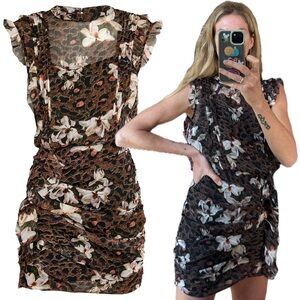 All Saints Floral Leopard Print Ruffle Ruched Hali Alessandra Mini Dress